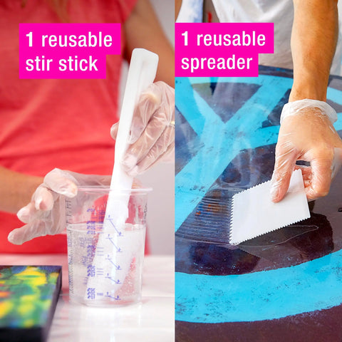 Split image: Left shows a gloved hand stirring liquid in a measuring cup with the reusable stir stick from the ArtResin 32 Oz Epoxy Resin Starter Pack. Right shows spreading epoxy on a painted surface with the reusable spreader.