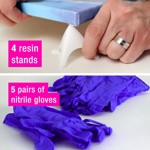 Top: A hand sets a board on an ArtResin white resin stand—a must for resin crafting. Bottom: Five pairs of purple nitrile gloves are shown. Includes 4 stands and 5 gloves, perfect for your 32 Oz Epoxy Resin Starter Pack.