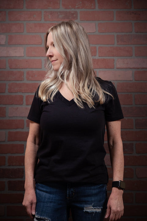 Women's Black Cotton V-Neck Tee – Combed Ring-Spun Cotton | Made in USA Proudly USA  T-shirt