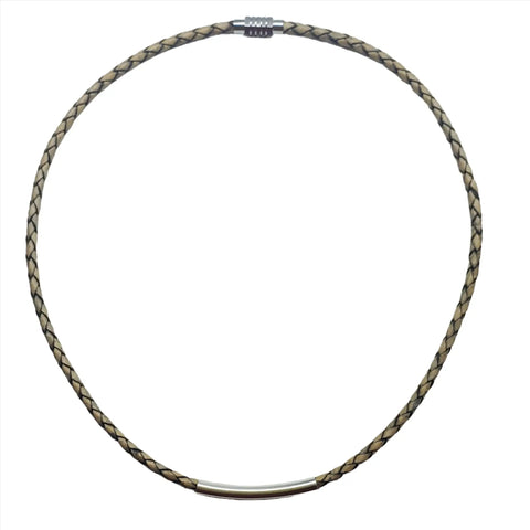 The Alexa Martha Designs 3mm Bolo Leather Snap Off Choker features a braided tan and black cord with a small silver tube accent and metallic clasp, displayed on a white background.