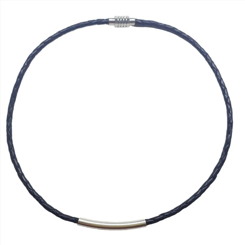 The 3mm Bolo Leather Snap Off Choker by Alexa Martha Designs features a silver cylindrical clasp and a small sterling silver tube accent at the front, shown on a white background.