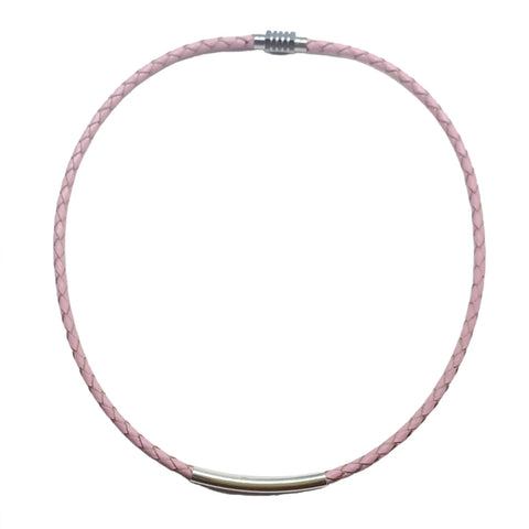 The 3mm Bolo Leather Snap Off Choker by Alexa Martha Designs features pink leather, a silver clasp, and a straight sterling silver tube accent at the front, shown against a white background.