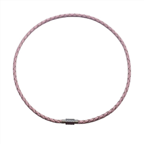 The 3mm Bolo Leather Snap Off Choker by Alexa Martha Designs is shown in pink with a metallic clasp, arranged in a circle on a plain white background.