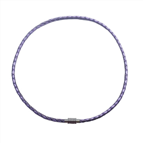A 3mm Bolo Leather Snap Off Choker by Alexa Martha Designs, shown in purple with a small silver clasp, displayed circularly on a white background.