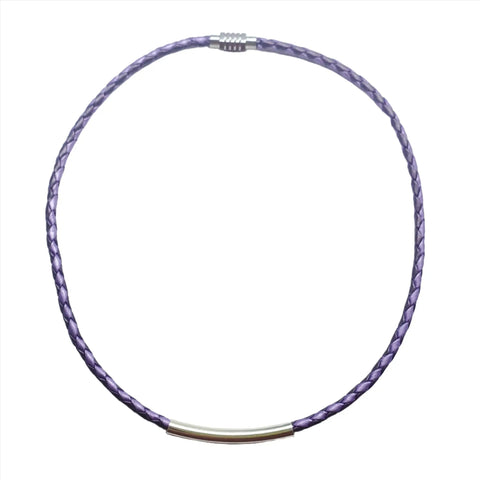 The Alexa Martha Designs 3mm Bolo Leather Snap Off Choker features a purple leather band, a silver cylindrical clasp, and a sterling silver tube accent, displayed on a white background.