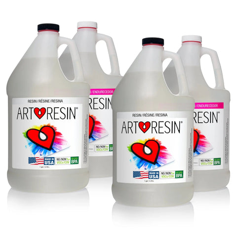 Four large 1-gallon bottles of ArtResin Epoxy Resin (4 Gal/15.14 L) are displayed, each labeled BPA-free, non-toxic, and promising a crystal-clear finish. Colorful heart logos signify the trusted ArtResin brand for professional results.