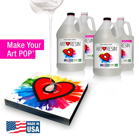 ArtResin 4 Gal (15.14 L) Epoxy Resin, made in the USA, is poured over vibrant heart art for a crystal-clear finish. “Make Your Art POP®.”.