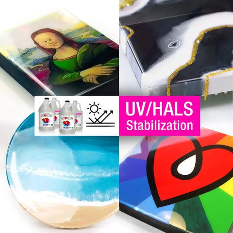 A collage displays ArtResin-coated artworks—a Mona Lisa, a beach scene, abstract art, and resin texture. Bottles of 4 Gal (15.14 L) ArtResin and a UV/HALS stabilization icon highlight the brand’s crystal-clear, pro-quality finish.