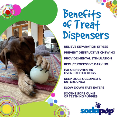 A dog relaxes on a rug with the 4 PUP-X EDispenser Glow Ball Treat Dispenser by SodaPup. Benefits listed include stress relief, mental stimulation, and reduced chewing and barking. The SodaPup logo is shown at the bottom.