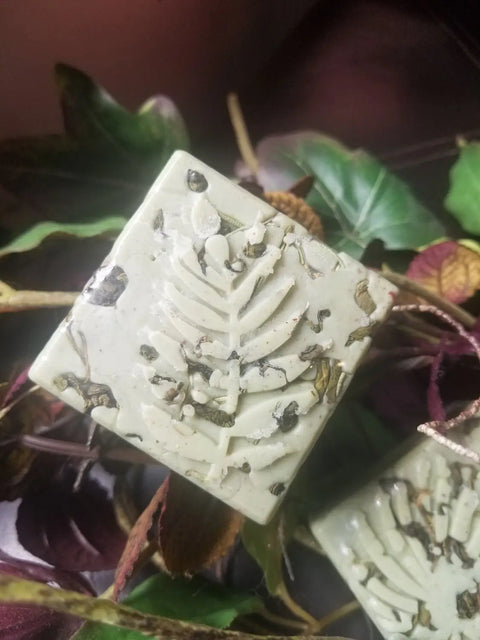 The Body Butter Scrub - Into the Woods by Bathsheba Body Works is a square, green bar with organic ingredients and fern leaf imprint, resting on dark green and reddish faux leaves—ideal for natural skincare routines.