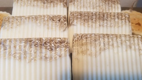 Several rectangular All Natural Soap Bars – Country Life by Bathsheba Body Works are arranged together, each topped with a textured layer of dried oatmeal for a rustic look ideal for organic skincare.