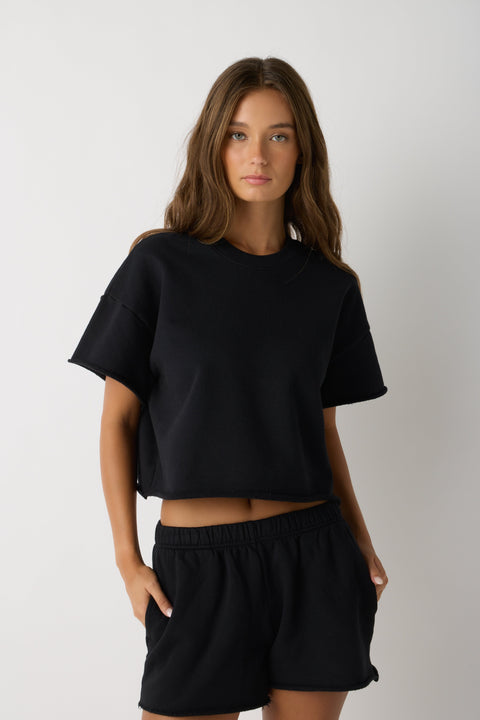 Boxy Black Crop Sweatshirt – Raw Hem Short Sleeve Top | Made in USA Casual Womens Apparel US Standard Apparel  CREWNECK SWEATSHIRT