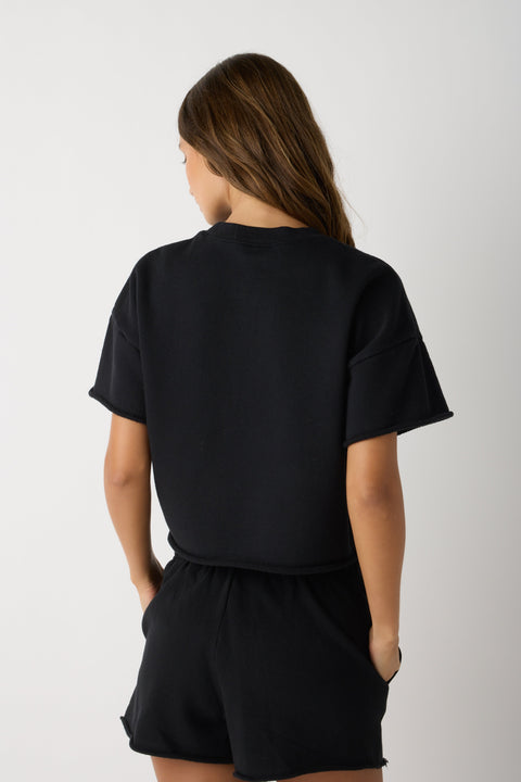 Boxy Black Crop Sweatshirt – Raw Hem Short Sleeve Top | Made in USA Casual Womens Apparel US Standard Apparel  CREWNECK SWEATSHIRT