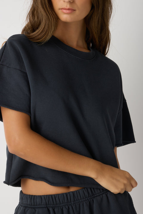 Boxy Black Crop Sweatshirt – Raw Hem Short Sleeve Top | Made in USA Casual Womens Apparel US Standard Apparel  CREWNECK SWEATSHIRT