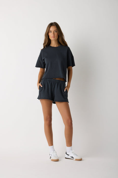 Boxy Black Crop Sweatshirt – Raw Hem Short Sleeve Top | Made in USA Casual Womens Apparel US Standard Apparel  CREWNECK SWEATSHIRT