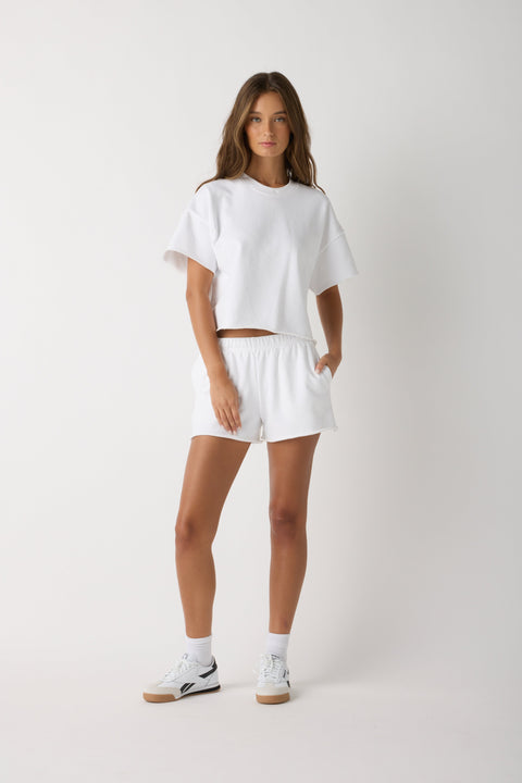 Boxy Black Crop Sweatshirt – Raw Hem Short Sleeve Top | Made in USA Casual Womens Apparel US Standard Apparel  CREWNECK SWEATSHIRT