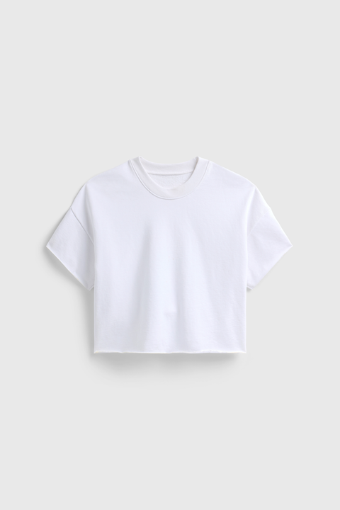 Boxy Black Crop Sweatshirt – Raw Hem Short Sleeve Top | Made in USA Casual Womens Apparel US Standard Apparel  CREWNECK SWEATSHIRT