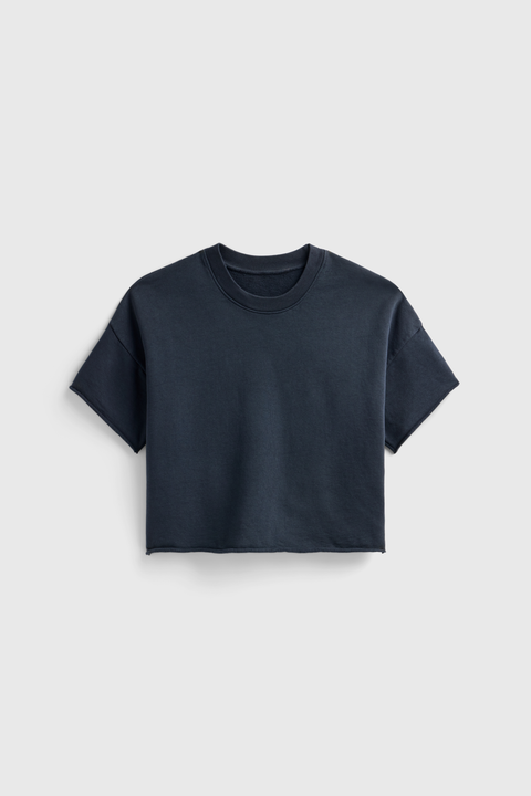 Boxy Black Crop Sweatshirt – Raw Hem Short Sleeve Top | Made in USA Casual Womens Apparel US Standard Apparel  CREWNECK SWEATSHIRT