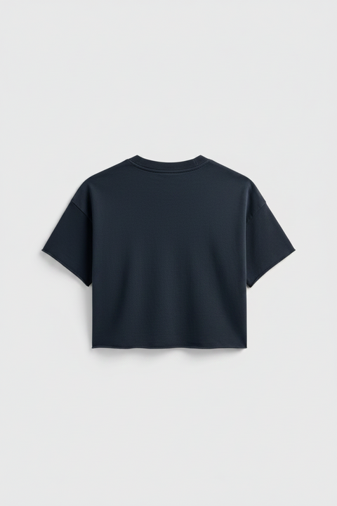 Boxy Black Crop Sweatshirt – Raw Hem Short Sleeve Top | Made in USA Casual Womens Apparel US Standard Apparel  CREWNECK SWEATSHIRT