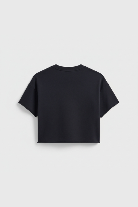 Boxy Black Crop Sweatshirt – Raw Hem Short Sleeve Top | Made in USA Casual Womens Apparel US Standard Apparel  CREWNECK SWEATSHIRT