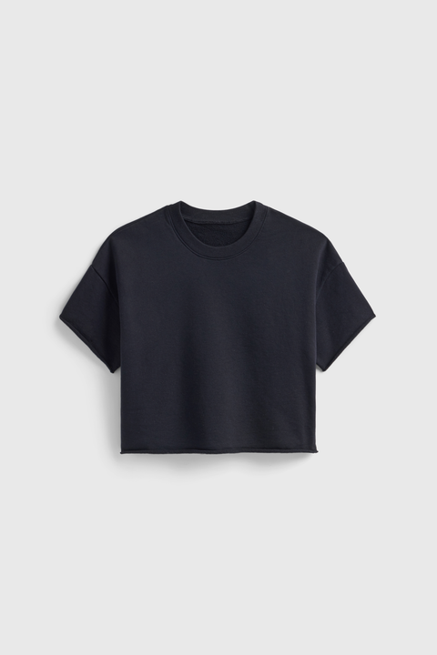 Boxy Black Crop Sweatshirt – Raw Hem Short Sleeve Top | Made in USA Casual Womens Apparel US Standard Apparel  CREWNECK SWEATSHIRT