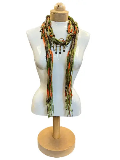 48 Inch Boho Beaded Scarf Necklace – Lightweight Silk Yarn Accessory with Gold Coin Beads | Made in USA Michelle Marie Boutique  Scarf
