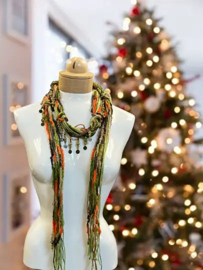 48 Inch Boho Beaded Scarf Necklace – Lightweight Silk Yarn Accessory with Gold Coin Beads | Made in USA Michelle Marie Boutique  Scarf