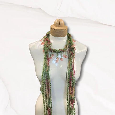48 Inch Lightweight Boho Beaded Scarf Necklace with Pink Heart Accents – Silk Mohair Blend | Made in USA Michelle Marie Boutique  Scarf