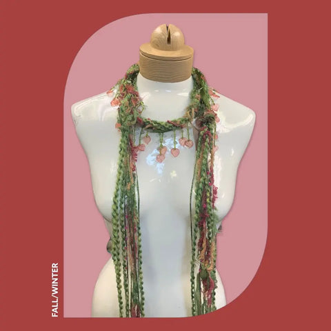 48 Inch Lightweight Boho Beaded Scarf Necklace with Pink Heart Accents – Silk Mohair Blend | Made in USA Michelle Marie Boutique  Scarf