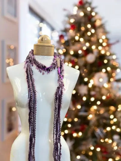 48 Inch Lightweight Mohair And Silk Yarn Beaded Scarf Necklace – Eggplant Lavender Accent | Made in USA Michelle Marie Boutique  Scarf
