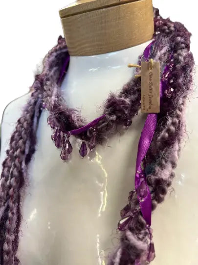 48 Inch Lightweight Mohair And Silk Yarn Beaded Scarf Necklace – Eggplant Lavender Accent | Made in USA Michelle Marie Boutique  Scarf