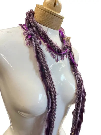 48 Inch Lightweight Mohair And Silk Yarn Beaded Scarf Necklace – Eggplant Lavender Accent | Made in USA Michelle Marie Boutique  Scarf