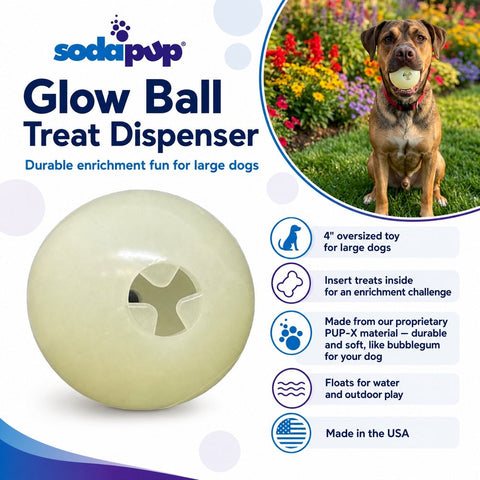 4 Inch Glow Ball Treat Dispenser – Durable PUP-X Synthetic Rubber Dog Toy | Made in USA SodaPup  Rubber Dog Toys