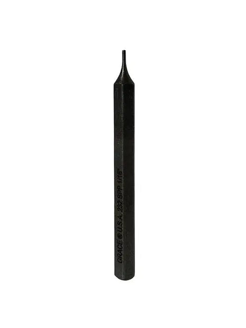 The Grace USA SPP-5 Individual Punch features a black metal, hexagonal body with a narrow pointed tip, ideal for precision metalwork. Made in America, it stands upright against a white background with engraved text on its side.