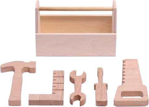 6 Piece Solid Cherry Wood Kids Tool Box Set – Handcrafted Toy Tools 10 Inch Carry Case | Made in USA Amish Toy Box  Toy