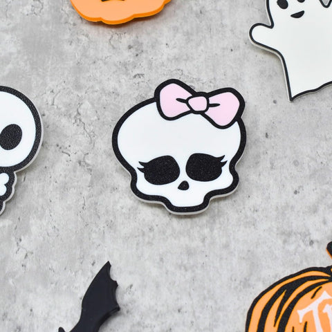 Halloween Pink Bow Skull Charm – 3 Inch Bag Accessory – Made in USA Chatelet Manufacturing 