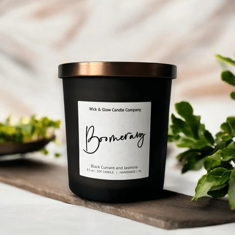 8.5 Oz Hand-Poured Soy Scented Candle with Black Currant, Jasmine, and Amber Notes - Wick and Glow | Made in USA Wick and Glow Candle Company™  Candles
