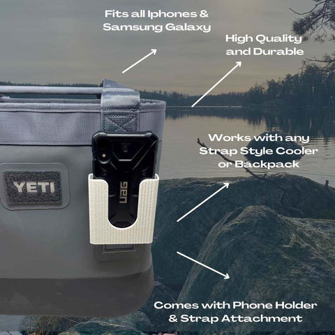 White Phone Holder Attachment for Yeti Soft Coolers and Backpacks – Durable Outdoor Accessory | Made in USA Chatelet Manufacturing 