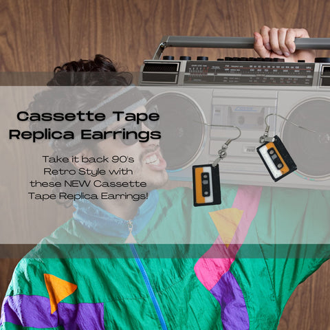 Retro Cassette Tape Earrings Set – 90s Party Accessories | Made in USA Chatelet Manufacturing 