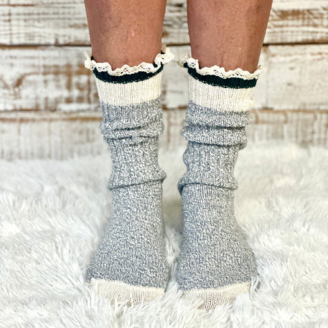 Eco-Friendly Striped Crew Socks – Recycled Cotton Lace Trim | Made in USA