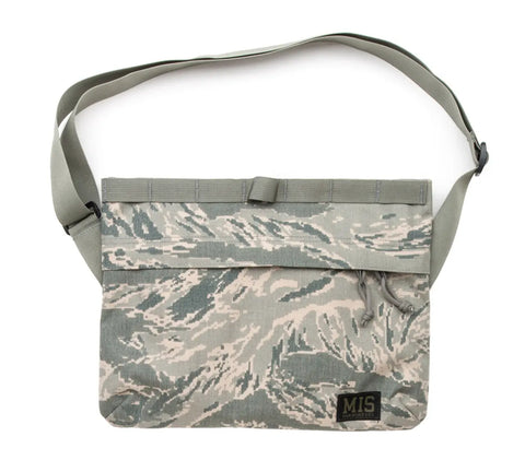 The MIS Padded Shoulder Bag - ABU Camo features rugged, water-resistant Cordura nylon in a camouflage pattern, a green adjustable strap, fold-over flap, and an MIS patch at the lower right corner. Made in the USA.