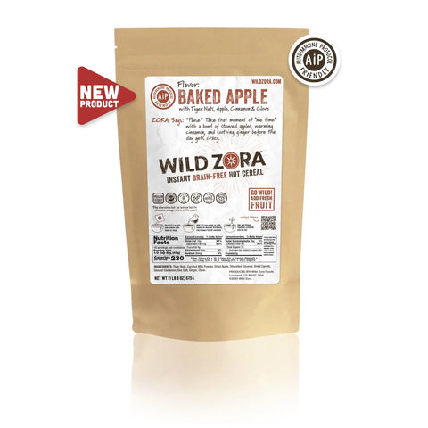 A brown resealable pouch of Wild Zora Instant Cereal - AIP Baked Apple With Tiger Nuts, Apple, Cinnamon & Clove (BULK 1.5 lb), labeled as AIP friendly, new product, with nutritional info displayed on the front.