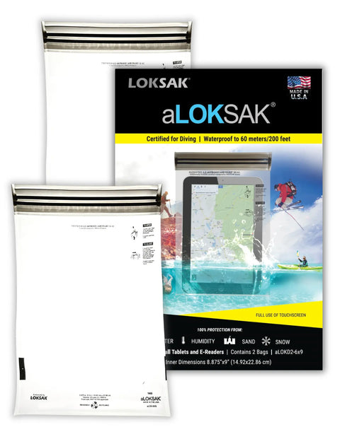 Two clear, resealable ALOKSAK Element Proof Bags (6 x 9), by LOKSAK, shown in packaging featuring diving and kayaking images, highlight their TSA-approved protection for tablets and e-readers against water, dirt, and humidity.
