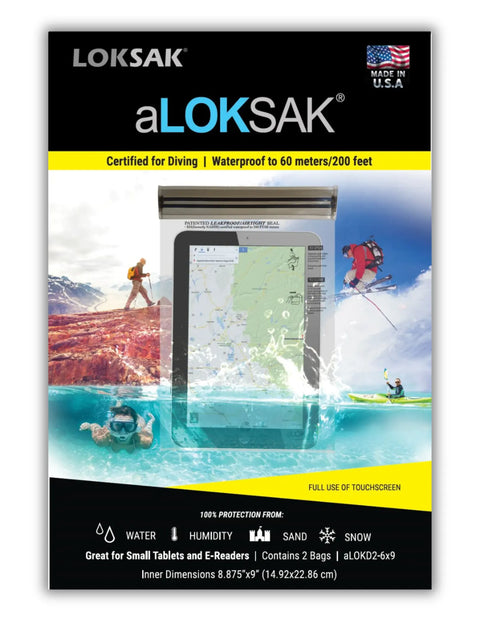 The ALOKSAK Element Proof Bag 6 x 9 (2 Pack) by LOKSAK is shown storing a tablet with a map on-screen. The packaging features outdoor images and highlights medical-grade storage plus protection from water, humidity, sand, and snow.