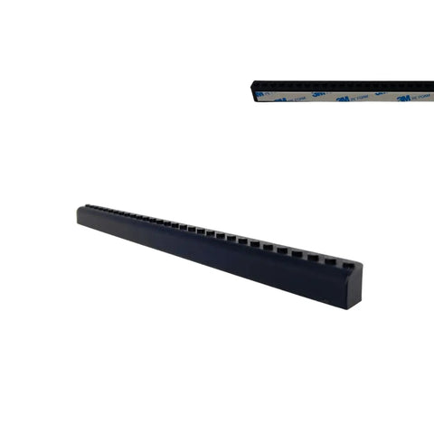 The Chatelet Manufacturing Collectibles Display Adhesive Mount Strip, compatible with Lego Minifigures, is a long black plastic strip with square holes for displaying figures on walls or surfaces. Another similar strip appears in the corner against a white background.