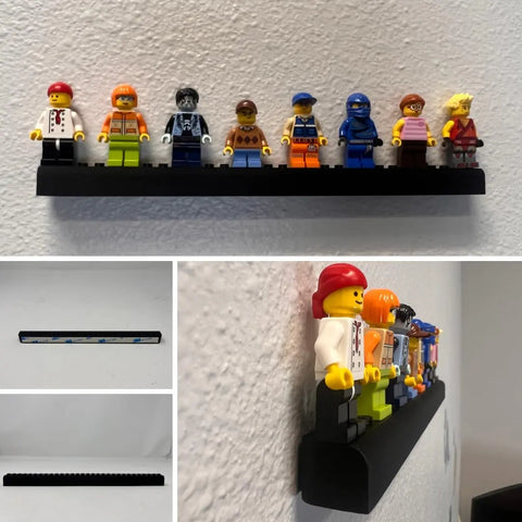 The Collectibles Display Adhesive Mount Strip by Chatelet Manufacturing showcases nine Lego Minifigures in a row on a black shelf. Shown in use, empty, and in close-up against a white wall, it mounts to walls or most surfaces. Made in the USA.