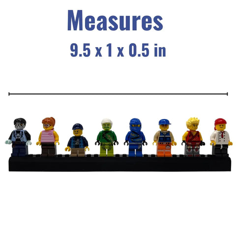 Eight LEGO minifigures are displayed side by side on the Chatelet Manufacturing Collectibles Display Adhesive Mount Strip, measuring 9.5 x 1 x 0.5 inches, for easy wall or surface mounting—compatible with Lego Minifigures and made in USA.