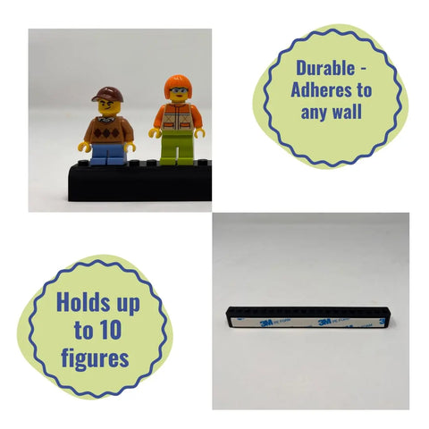 The Chatelet Manufacturing Collectibles Display Adhesive Mount Strip holds up to 10 LEGO minifigures and mounts easily to most walls or surfaces. Durable, made in the USA, with an adhesive back for simple installation.