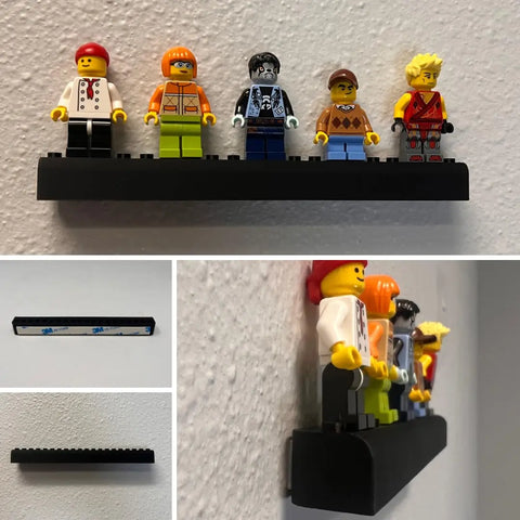 The Chatelet Manufacturing Collectibles Display Adhesive Mount Strip lets you showcase up to six LEGO Minifigures on your wall. Images show the black shelf, easy adhesive setup, empty view, and a close-up—perfect for displaying figurines. Made in USA.