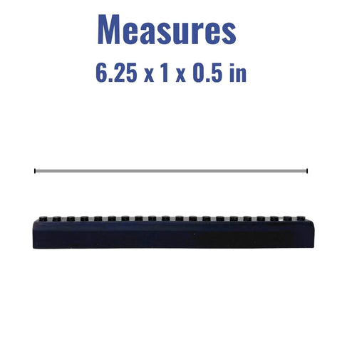 A black rectangular Chatelet Manufacturing Collectibles Display Adhesive Mount Strip (6.25 x 1 x 0.5 in), compatible with Lego Minifigures, holds figurines on walls or most surfaces. Made in USA; features a row of pegs for display.
